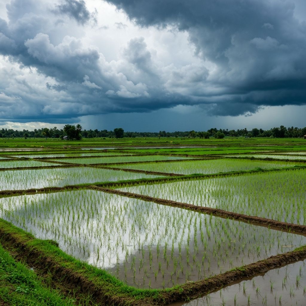 Rizières cambodgiennes sous un ciel de mousson, paysage tropical luxuriant