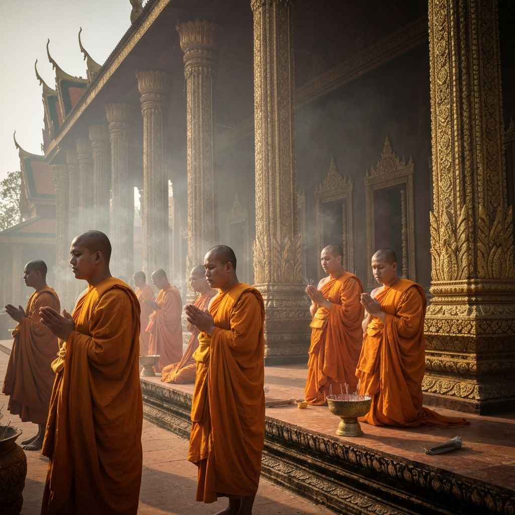 Moines bouddhistes en robe safran lors d'une cérémonie matinale dans un temple cambodgien