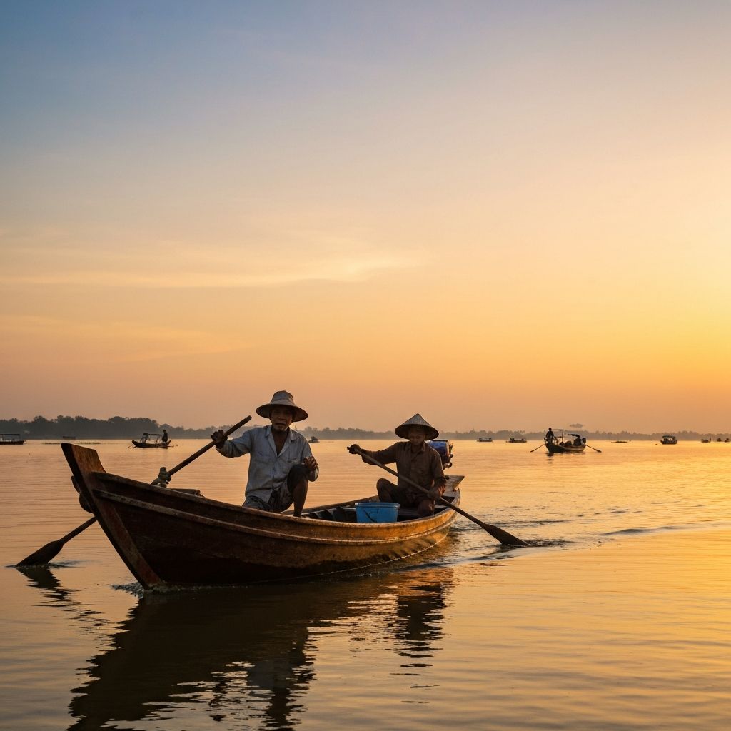 Bateau traditionnel sur le lac Tonlé Sap au Cambodge à l'aube, reflets dorés sur l'eau